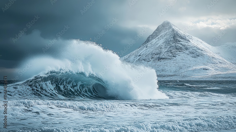 An ocean wave crashing over a snow-covered mountain, portraying the contrast of climates with a surreal blend of blue and white tones evoking tranquility. An ocean wave crashing over a snow-covered mountain, portraying the contrast of climates with a surreal blend of blue and white tones evoking tranquility.