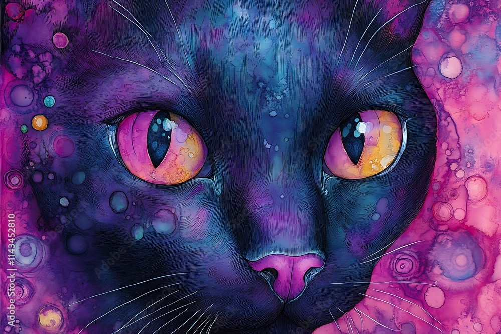 Fototapeta premium Mystical Black Cat Portrait with Vibrant Purple and Pink Ink Background.