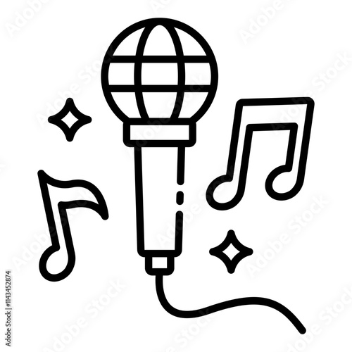 Karaoke outline icon with microphone and music notes for singing