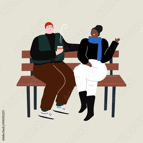 Two people talking on bench with coffee Vector Illustration 