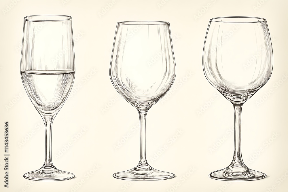 Hand-drawn illustration of three empty wine glasses of different shapes and sizes. Hand-drawn illustration of three empty wine glasses of different shapes and sizes.