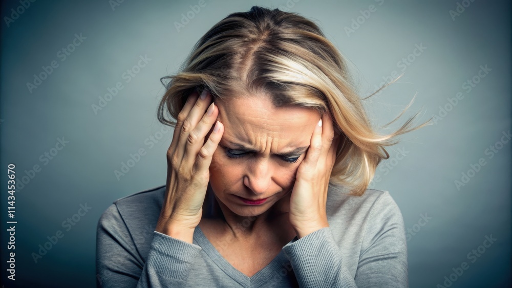 Frustrated woman holding her head in pain, headache, stress, migraine, discomfort, worry, suffering, female, health, wellness Frustrated woman holding her head in pain, headache, stress, migraine, discomfort, worry, suffering, female, health, wellness