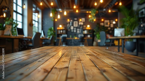 Wood table with a view of a room with many potted plants and a few chairs