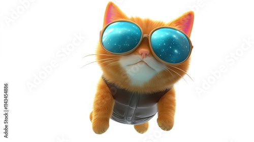 A cat flying around the universe, wearing a pair of sunglasses, embodying a cool, adventurous spirit as it journeys through space. The image captures the feline's relaxed yet confident attitude  photo