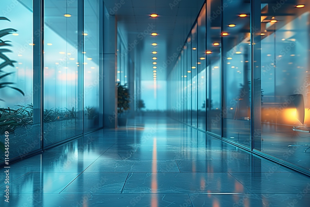 Long hallway with a lot of windows and a few potted plants Long hallway with a lot of windows and a few potted plants