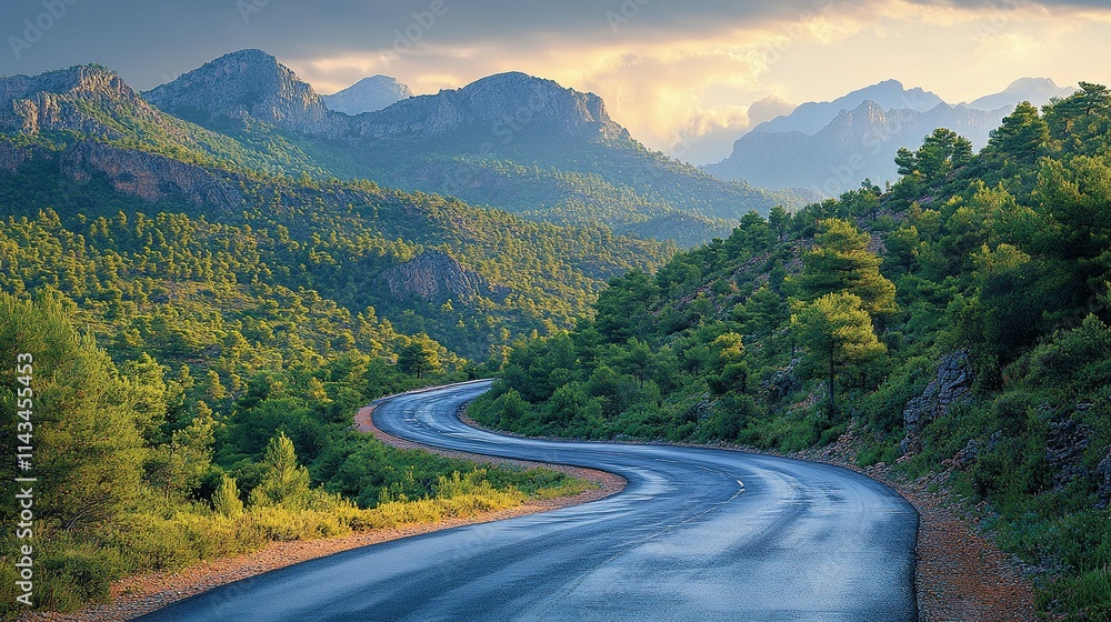 Fototapeta premium Winding Road Through Lush Mountain Valley Landscape