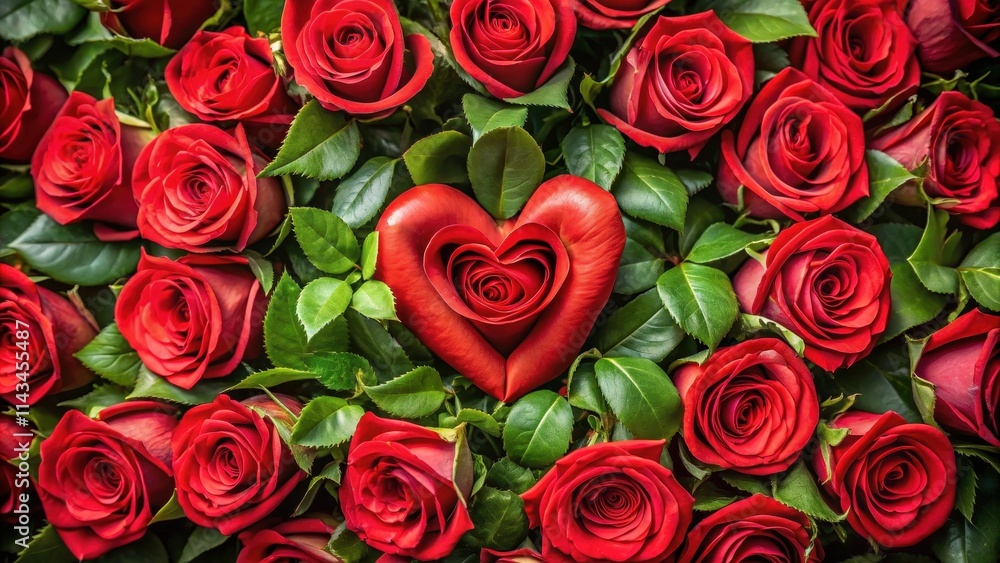 Fototapeta premium A bouquet of red roses with a single heart-shaped rose at its center surrounded by greenery, red, flowers, red