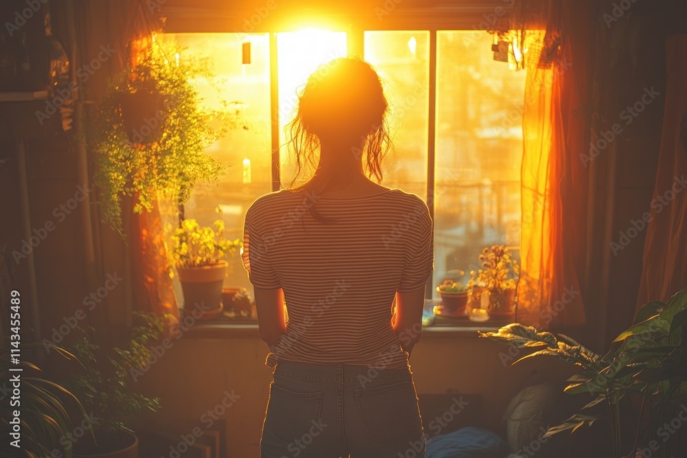 Cozy Interior Scene Woman Striped Shirt Natural Light Minimalism Warm Colors Cozy Interior Scene Woman Striped Shirt Natural Light Minimalism Warm Colors
