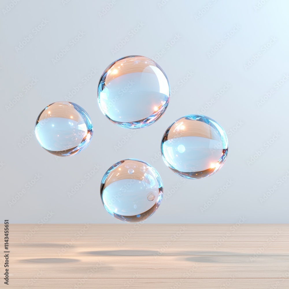 Floating Bubbles on a Light Wooden Surface with Soft Background Light Floating Bubbles on a Light Wooden Surface with Soft Background Light