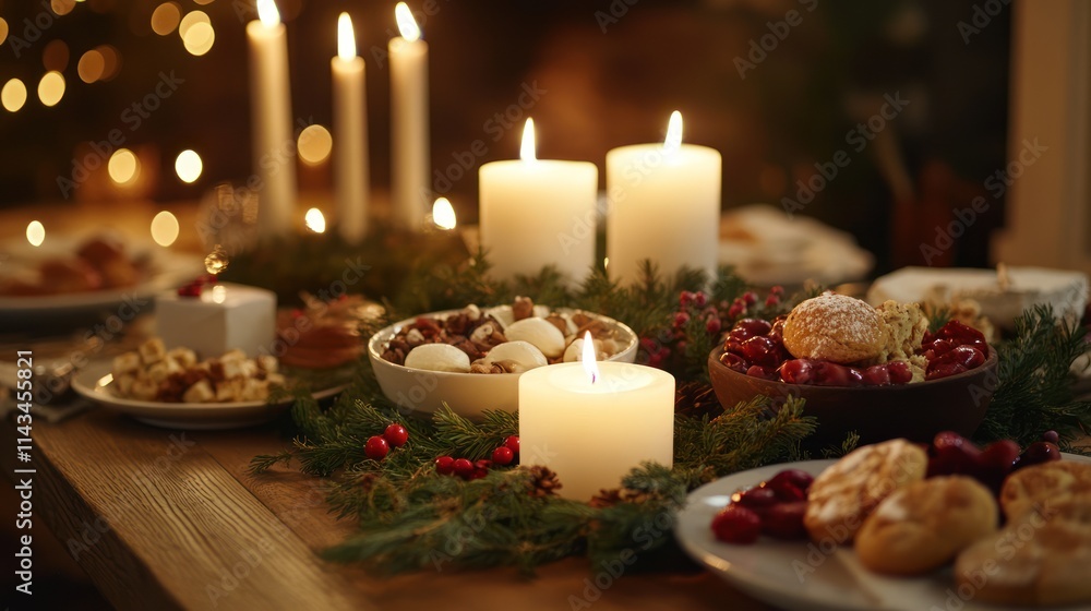 Warm Candlelit Christmas Eve Dinner Table Setting with Festive Treats and Decorations Warm Candlelit Christmas Eve Dinner Table Setting with Festive Treats and Decorations