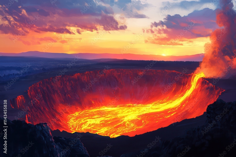 Fototapeta premium Majestic Eruption of a Volcano at Sunset with Flowing Lava Illuminating the Landscape in Vibrant Shades of Orange and Red Against a Dramatic Sky
