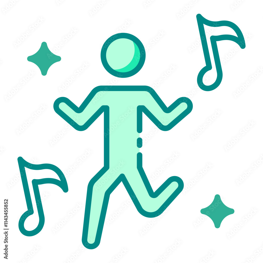 Dancing person with music note green filled line icon for dance celebrations Dancing person with music note green filled line icon for dance celebrations