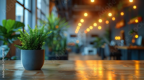 Potted plant sits on a wooden table in a dimly lit room