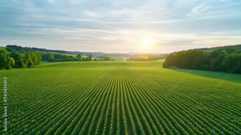 Expansive Green Fields Under a Bright Sky at Sunrise with Smooth Patterns of Crops Stretching into the Distance, Capturing the Serenity of Nature Expansive Green Fields Under a Bright Sky at Sunrise with Smooth Patterns of Crops Stretching into the Distance, Capturing the Serenity of Nature