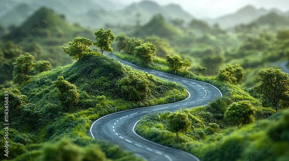 Winding Road Through Lush Green Hills and Trees Winding Road Through Lush Green Hills and Trees