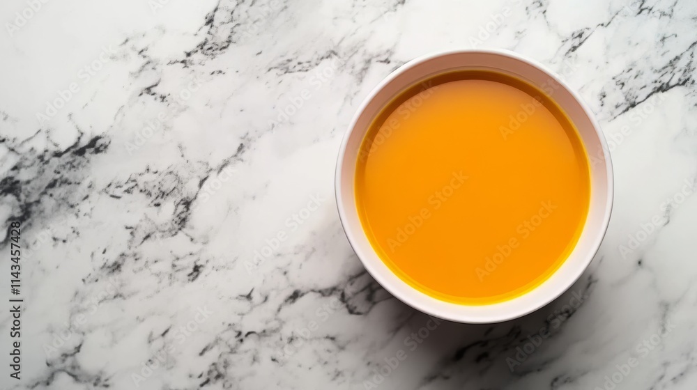 Vibrant Orange Soup in a White Bowl on Marble Vibrant Orange Soup in a White Bowl on Marble