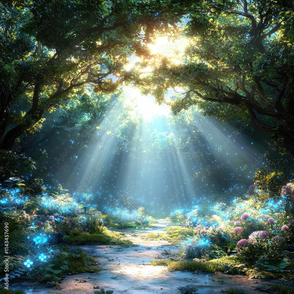 Obraz premium Sunlight Streaming Through Trees in Enchanted Forest Landscape