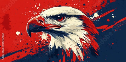 A stylized illustration of an eagle with a bold color palette and dynamic splashes. photo