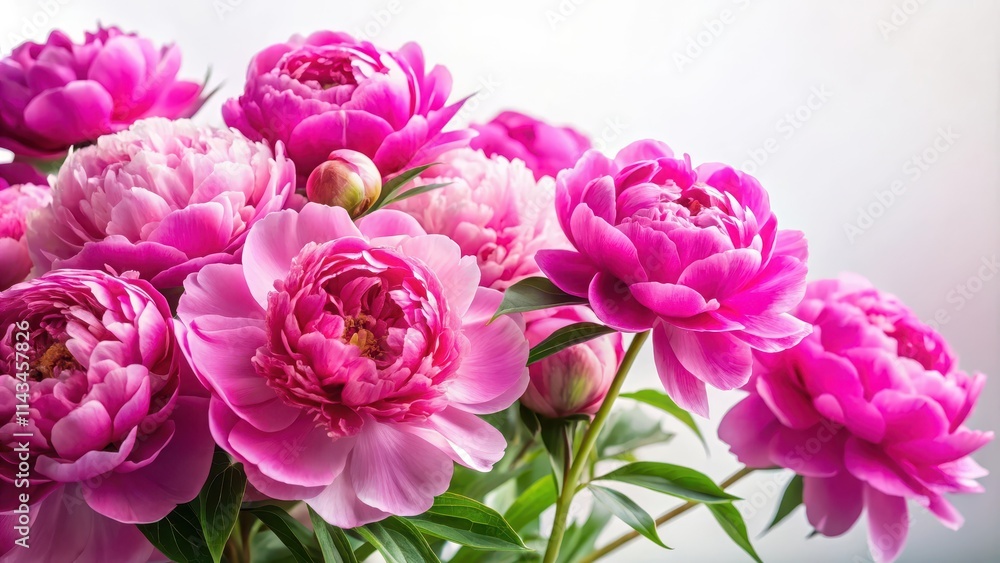 Vibrant pink peonies in full bloom against a soft white background , floral arrangement Vibrant pink peonies in full bloom against a soft white background , floral arrangement