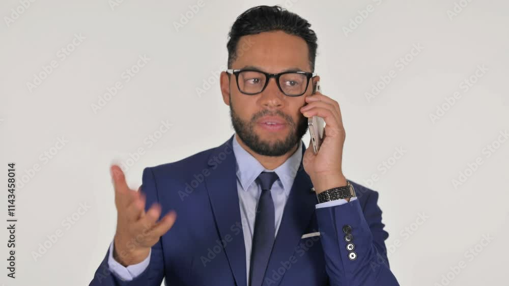 Portrait of Angry Young Hispanic Businessman Talking on Phone on White Background Portrait of Angry Young Hispanic Businessman Talking on Phone on White Background