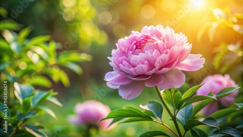 Delicate pink peony flower blooms in a lush garden setting with soft green foliage and warm sunlight filtering through the trees, pastel, leaves