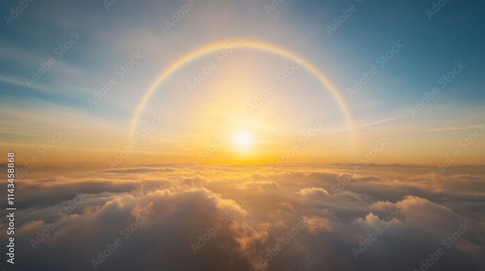 Beautiful Sunrise Over a Sea of Clouds with a Soft Halo Effect, Creating a Breathtaking Atmosphere of Tranquility and Wonder in Nature's Splendor Beautiful Sunrise Over a Sea of Clouds with a Soft Halo Effect, Creating a Breathtaking Atmosphere of Tranquility and Wonder in Nature's Splendor