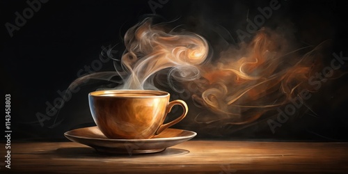 A delicate artistic illustration of a smoke-filled coffee cup on black background, with subtle brush strokes and warm colors evoking a cozy atmosphere, coffee cup, hand drawn