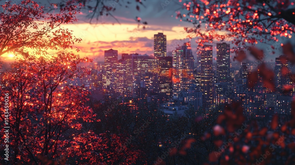 Fototapeta premium A vibrant forest merging with a bustling city skyline at dusk, where the warm lights of the city reflect off the leaves, creating a harmonious blend of nature and urban l