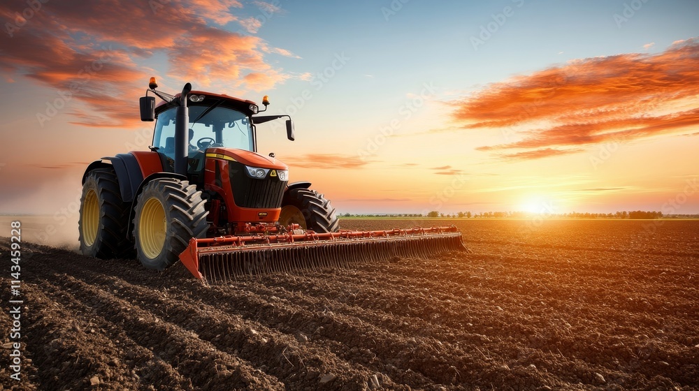 Obraz premium Agricultural Tractor Working in the Field at Sunset, Cultivating Soil with Beautiful Sky Colors and Agricultural Landscape in the Background