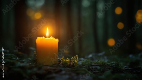 Serene closeup of lit yellow candle in forest with bokeh lights, creating a peaceful atmosphere