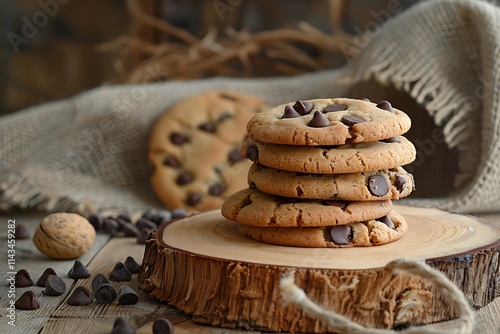 Delicious cookies on wood, close-up of gingersnap biscuits on the table , national gingersnap day celebration, chocolate chip cookies.

 photo