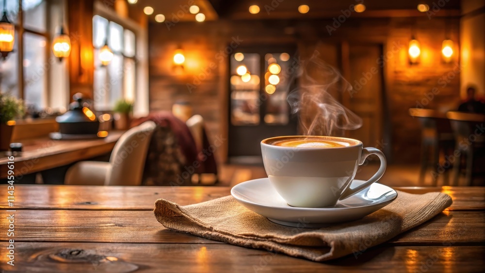 A steaming cup of coffee sits on a small table next to a empty white mug and a napkin in a cozy coffee shop background with warm wooden tones and soft lighting, decor, relaxation A steaming cup of coffee sits on a small table next to a empty white mug and a napkin in a cozy coffee shop background with warm wooden tones and soft lighting, decor, relaxation