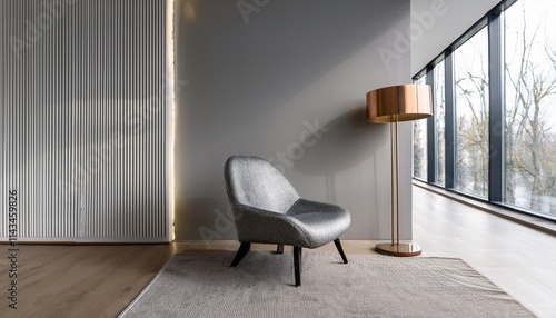 Wallpaper Mural Empty Silver Metallic Accents Wall Mockup in Modern Contemporary Interior with Curved Accent Chair and a Brass Floor Lamp. Natural Daylight From a Window. Promotion Background. Torontodigital.ca