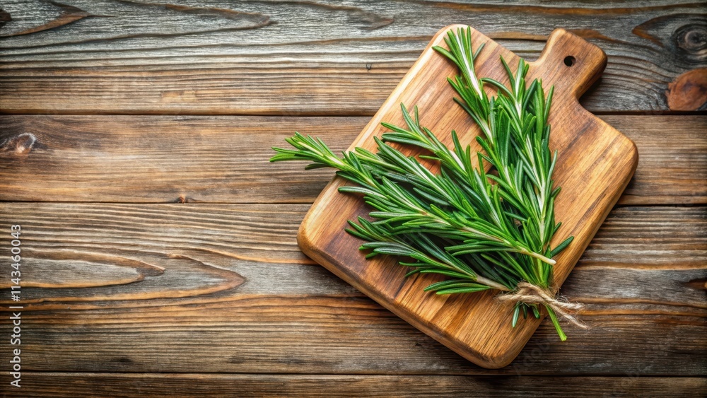 Fresh Rosemary Herb Leaves on Wooden Cutting Board Fresh Rosemary Herb Leaves on Wooden Cutting Board