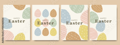 Set of background designs for Easter featuring paper cutout-style eggs with doodled textures. Good for posters, flyers, greeting cards, invitations, and more.