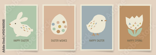 Set of Easter greeting cards with paper cutout-style bunny, egg, chick, and flower in retro modern pastel colors. Applicable to kids room decor, posters, and flyers.
