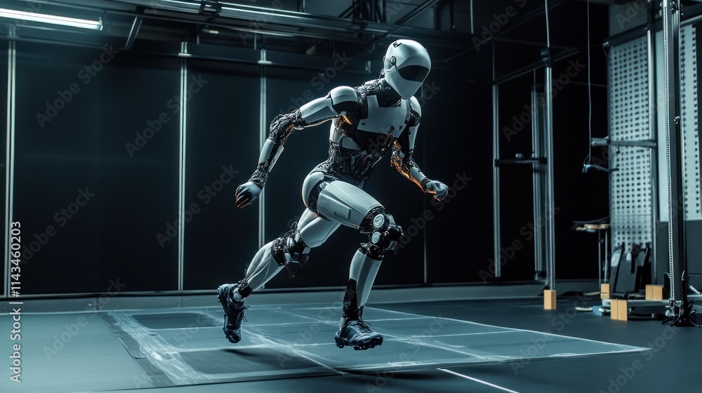 Advanced Robotics Futuristic Running Robot in Motion Capturing Studio Advanced Robotics Futuristic Running Robot in Motion Capturing Studio