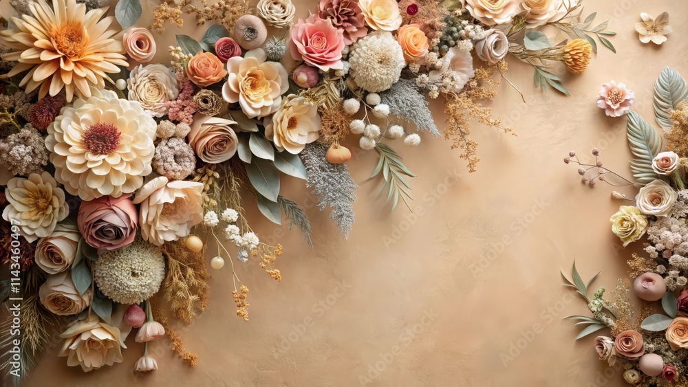 Fototapeta premium Ancient floral arrangement wall featuring intricately designed artificial flowers in soft pastel hues against a warm beige backdrop, bohemian interior, floral pattern