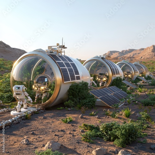 Futuristic Habitat with Robot on Alien Planet Landscape