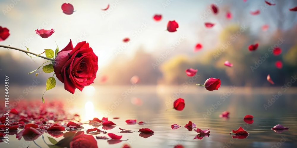 Delicate red rose petals float gently in the air, carried by a soft breeze, as they drift away into the distance, peaceful landscape, floating flowers Delicate red rose petals float gently in the air, carried by a soft breeze, as they drift away into the distance, peaceful landscape, floating flowers