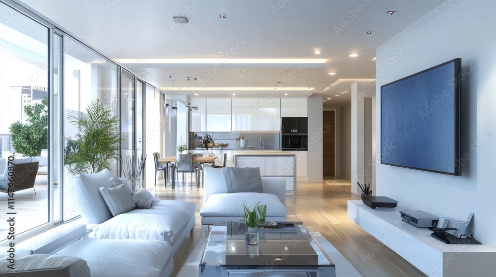 Modern Open Plan Living Room Apartment Interior Design with White Sofa and Large Screen TV Modern Open Plan Living Room Apartment Interior Design with White Sofa and Large Screen TV