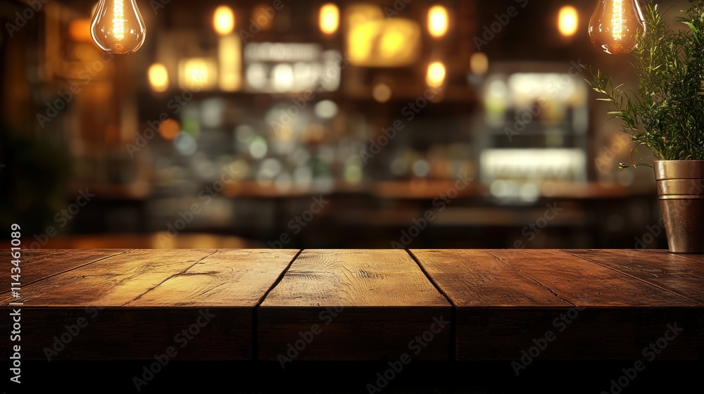 Rustic Wooden Tabletop in a Cozy Pub Setting with Warm Lighting and Blurred Background Rustic Wooden Tabletop in a Cozy Pub Setting with Warm Lighting and Blurred Background