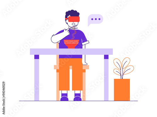 Man eating while using VR glasses. Online Food illustration. Flat vector illustrations