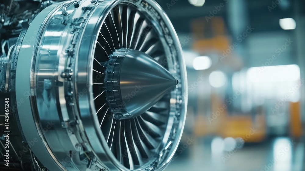 Close-up of a jet engine showcasing engineering design. Close-up of a jet engine showcasing engineering design.