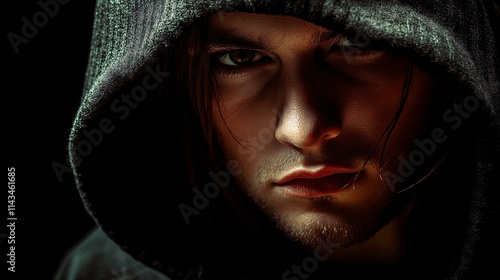 Mysterious Man in Hoodie Intense Gaze Dark Background Portrait