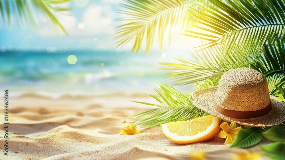 Obraz premium A creatively designed digital banner for a summer sale, featuring tropical elements like palm leaves and bright yellow colors.