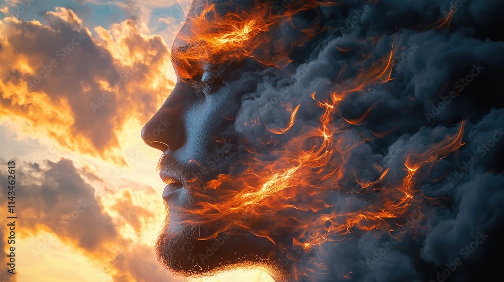 The profile of a man is intricately intertwined with swirling clouds and a radiant sunset, employing warm oranges and calming blues to express tranquility and introspecti The profile of a man is intricately intertwined with swirling clouds and a radiant sunset, employing warm oranges and calming blues to express tranquility and introspecti