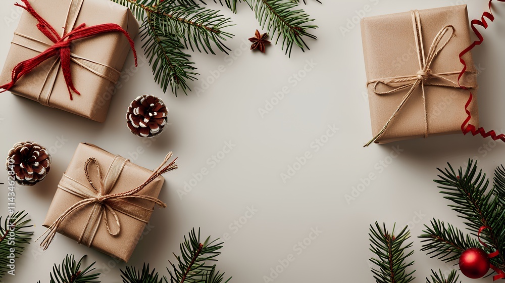 Festive Holiday Gifts with Pine Branches and Ornaments Festive Holiday Gifts with Pine Branches and Ornaments