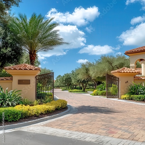 Gated community entrance surrounded by manicured landscaping