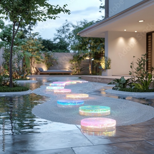 Colorful LED Lights Illuminating Garden Pathway at Twilight